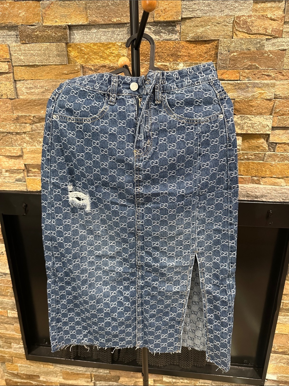 Blue Patterned Denim Midi Skirt size XS